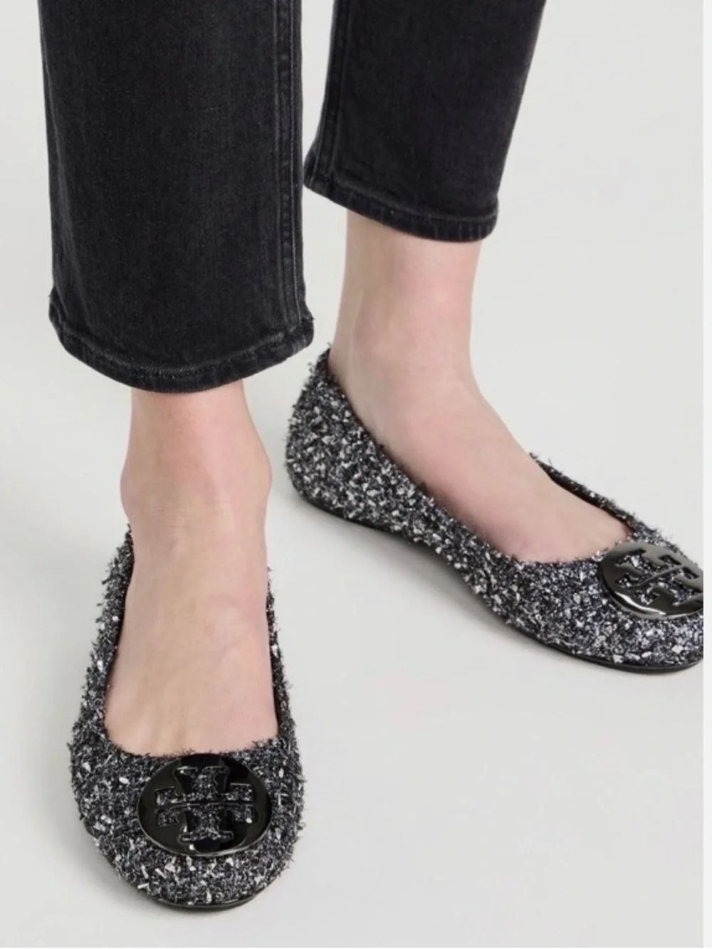 Tory Burch Silver Tweed Logo Ballet Flats